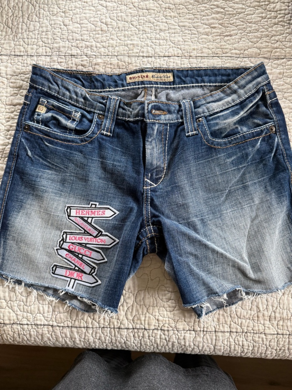 Big Star Blue Distressed Denim Shorts with Bougie Signpost Patch